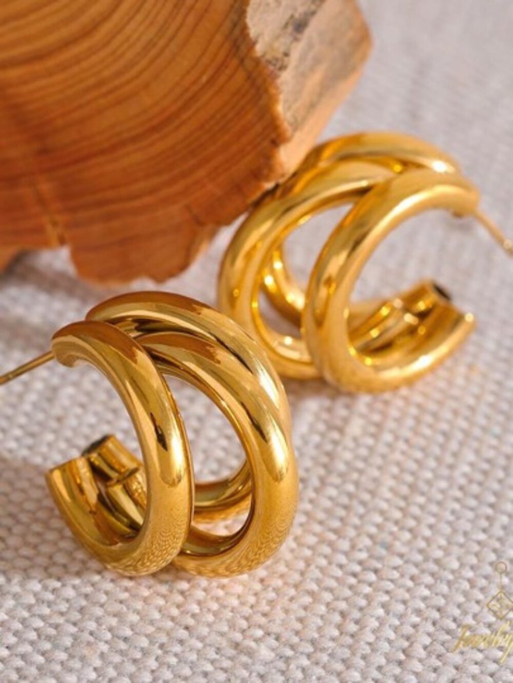NEW 14K Yellow Gold Trifinity Boho Multi Hoop Statement Luxury Stud Earrings